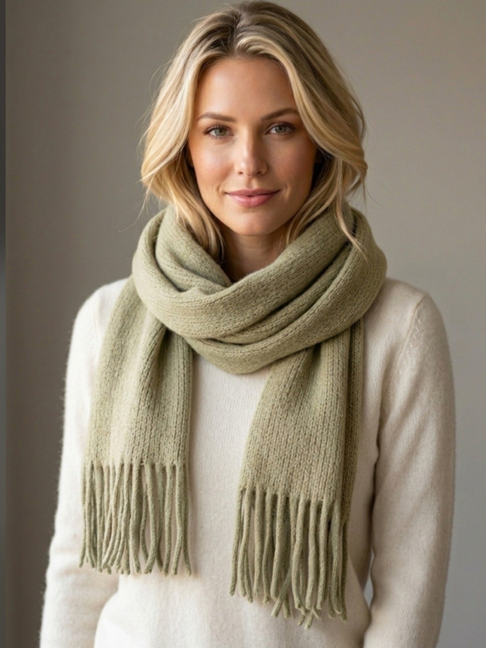 Steve Madden Olive Fringe Knit Scarf Large OS
